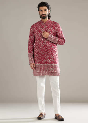 Maroon Silk Kurta Set For Men With Sequins And Resham Embroidery