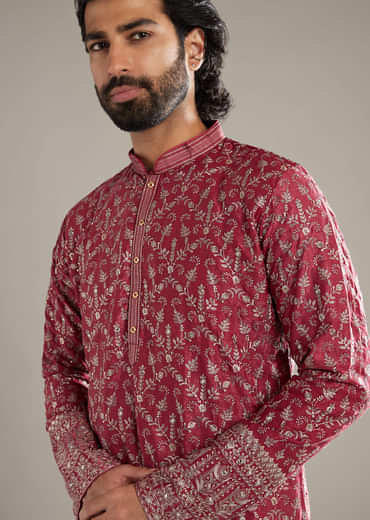 Maroon Silk Kurta Set For Men With Sequins And Resham Embroidery