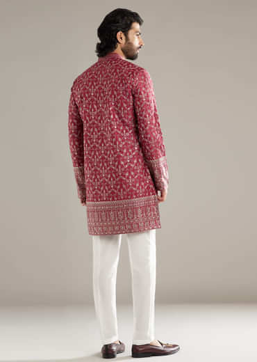 Maroon Silk Kurta Set For Men With Sequins And Resham Embroidery