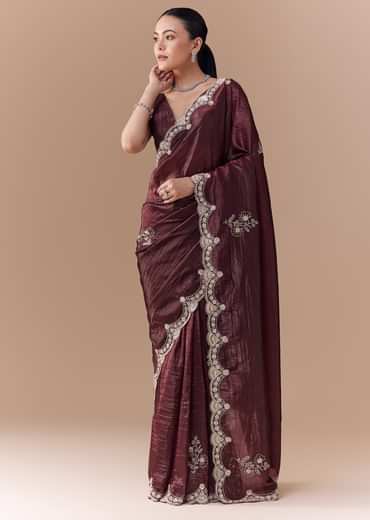 Maroon Tissue Embellished Saree with Blouse Fabric
