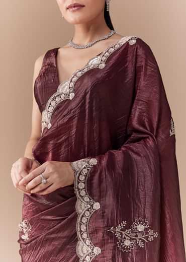 Maroon Tissue Embellished Saree with Blouse Fabric