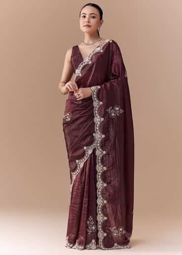 Maroon Tissue Embellished Saree with Blouse Fabric
