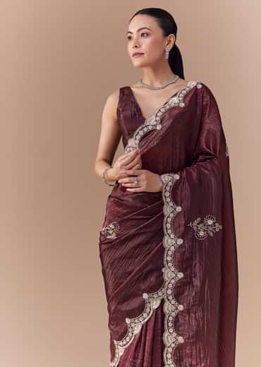 Maroon Tissue Embellished Saree with Blouse Fabric