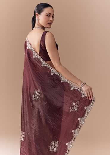 Maroon Tissue Embellished Saree with Blouse Fabric