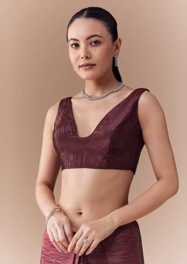 Maroon Tissue Embellished Saree with Blouse Fabric