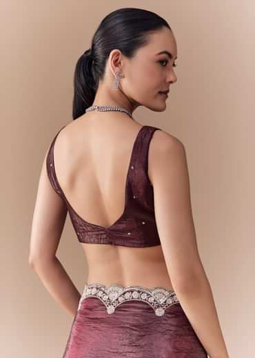 Maroon Tissue Embellished Saree with Blouse Fabric