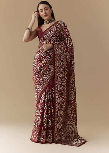 Maroon Tissue Organza Resham Work Saree with Unstitched Blouse