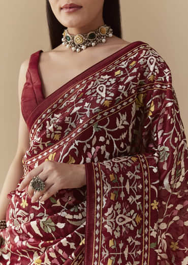 Maroon Tissue Organza Resham Work Saree with Unstitched Blouse