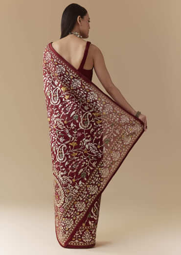 Maroon Tissue Organza Resham Work Saree with Unstitched Blouse