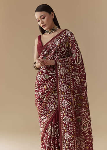 Maroon Tissue Organza Resham Work Saree with Unstitched Blouse