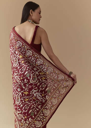 Maroon Tissue Organza Resham Work Saree with Unstitched Blouse
