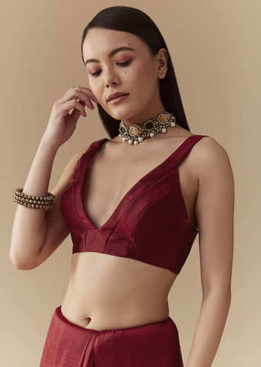 Maroon Tissue Organza Resham Work Saree with Unstitched Blouse