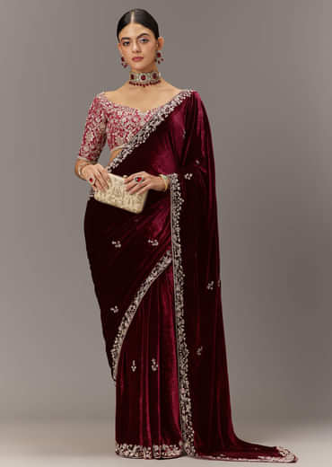 Maroon Saree In Velvet With Brocade Embroidered Blouse