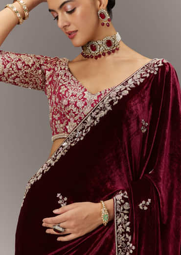 Maroon Saree In Velvet With Brocade Embroidered Blouse