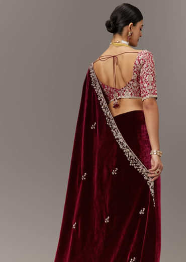 Maroon Saree In Velvet With Brocade Embroidered Blouse