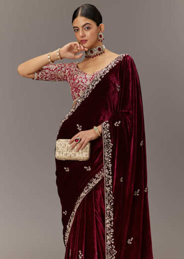 Maroon Saree In Velvet With Brocade Embroidered Blouse
