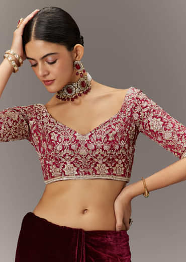 Maroon Saree In Velvet With Brocade Embroidered Blouse