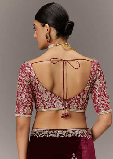 Maroon Saree In Velvet With Brocade Embroidered Blouse