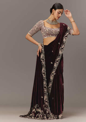 Maroon Velvet Saree With Brocade Embroidered Blouse
