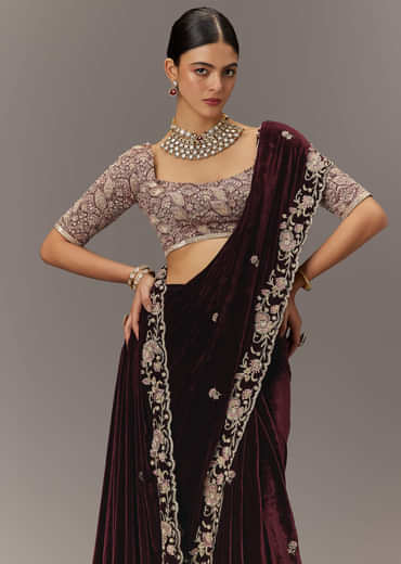 Maroon Velvet Saree With Brocade Embroidered Blouse