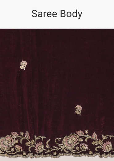 Maroon Velvet Saree With Brocade Embroidered Blouse