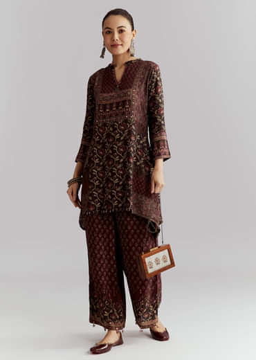 Maroon Viscose Co Ord Set With Floral Print