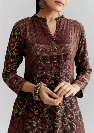 Maroon Viscose Co Ord Set With Floral Print