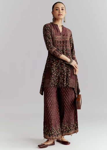 Maroon Viscose Co Ord Set With Floral Print