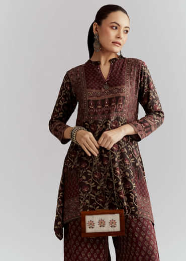 Maroon Viscose Co Ord Set With Floral Print