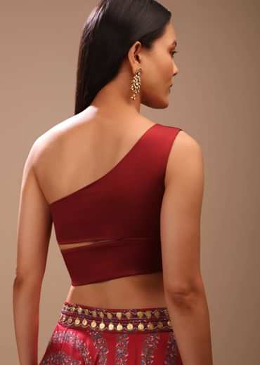 Maroon Blouse In Satin With One Shoulder Neckline And Tie Up Bow