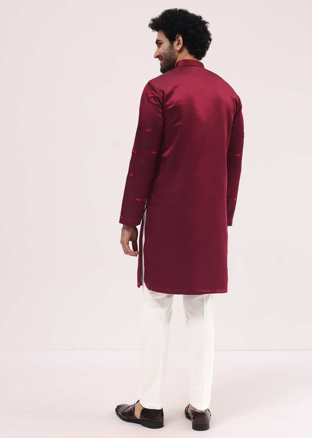 Maroon Bud Embroidered Silk Kurta Set For Men