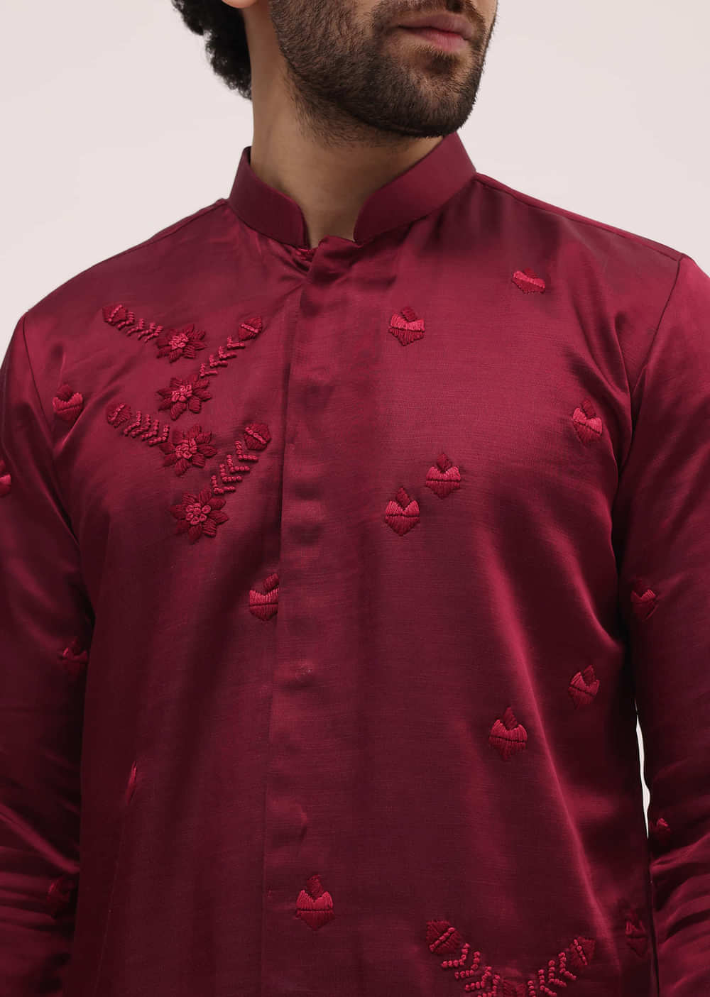 Maroon Bud Embroidered Silk Kurta Set For Men