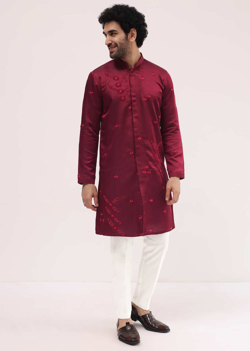 Maroon Bud Embroidered Silk Kurta Set For Men