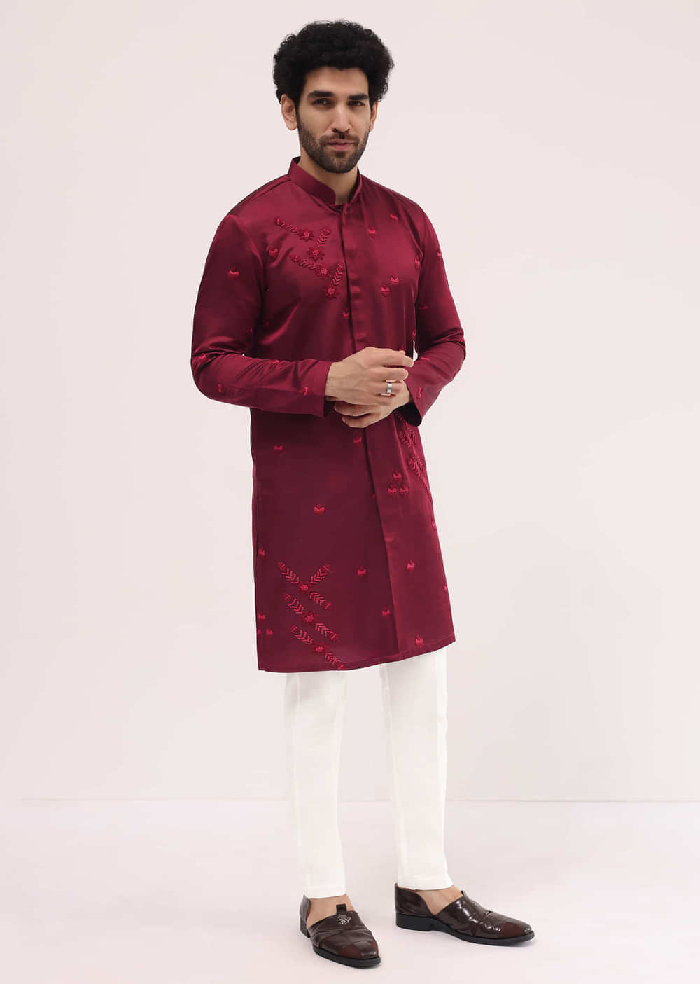 Maroon Bud Embroidered Silk Kurta Set For Men