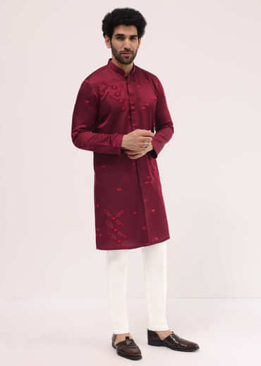 Maroon Bud Embroidered Silk Kurta Set For Men