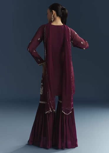 Maroon Chinon Sharara Suit With Cutdana And Sequins Embroidery