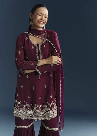 Maroon Chinon Sharara Suit With Cutdana And Sequins Embroidery