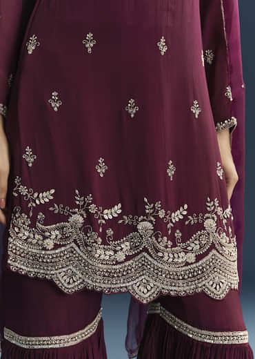 Maroon Chinon Sharara Suit With Cutdana And Sequins Embroidery