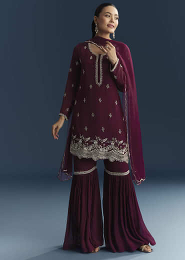 Maroon Chinon Sharara Suit With Cutdana And Sequins Embroidery