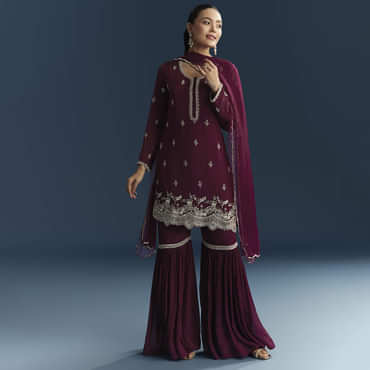 Maroon Chinon Sharara Suit With Cutdana And Sequins Embroidery