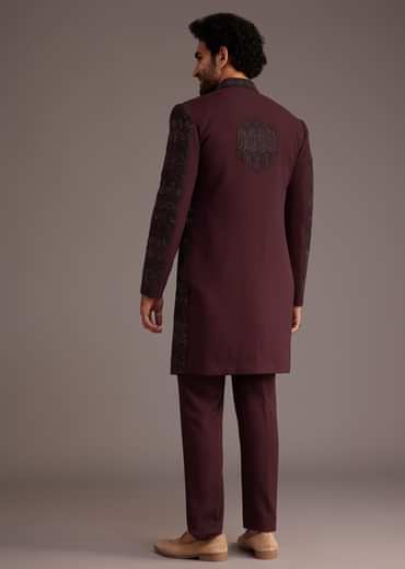Maroon Embroidered Sherwani With Mandarin Collar
