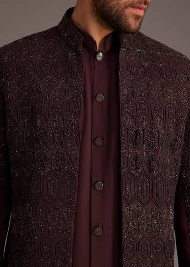 Maroon Embroidered Sherwani With Mandarin Collar