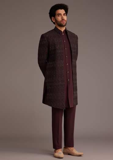 Maroon Embroidered Sherwani With Mandarin Collar