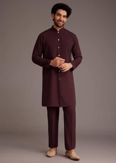 Maroon Embroidered Sherwani With Mandarin Collar