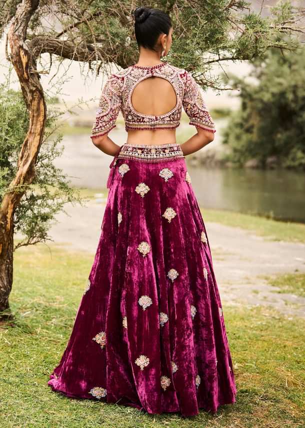 Maroon Embroidered Velvet Lehenga And Blouse With Dupatta
