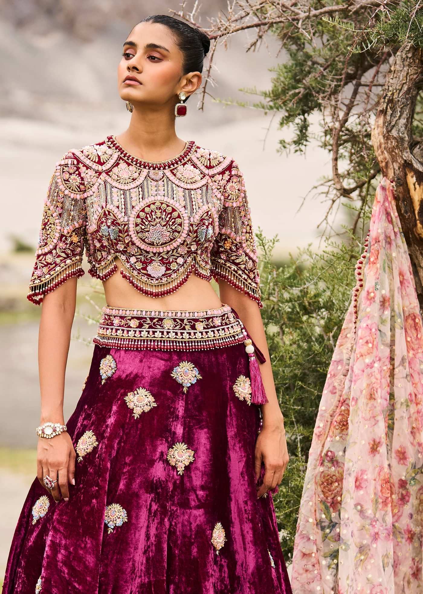 Maroon Embroidered Velvet Lehenga And Blouse With Dupatta