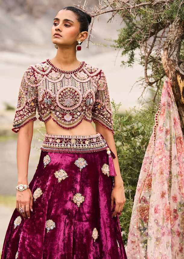 Maroon Embroidered Velvet Lehenga And Blouse With Dupatta