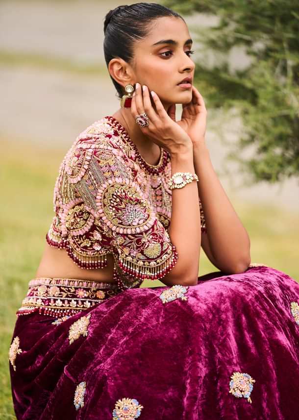 Maroon Embroidered Velvet Lehenga And Blouse With Dupatta