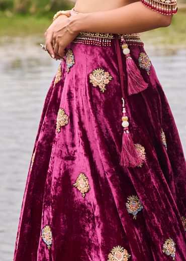 Maroon Embroidered Velvet Lehenga And Blouse With Dupatta