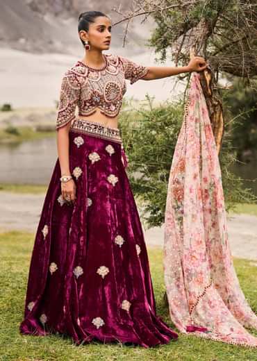 Maroon Embroidered Velvet Lehenga And Blouse With Dupatta
